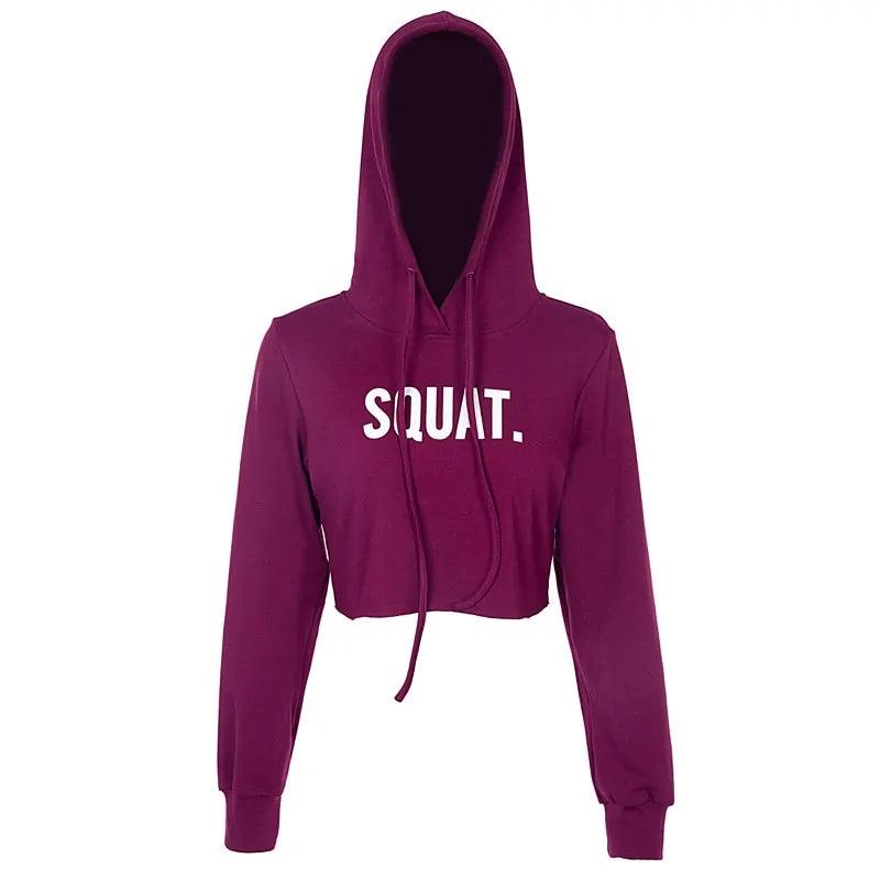 InstaHot Letter Print SQUAT Hoodies Women's Autumn Crop Tops - Shoply