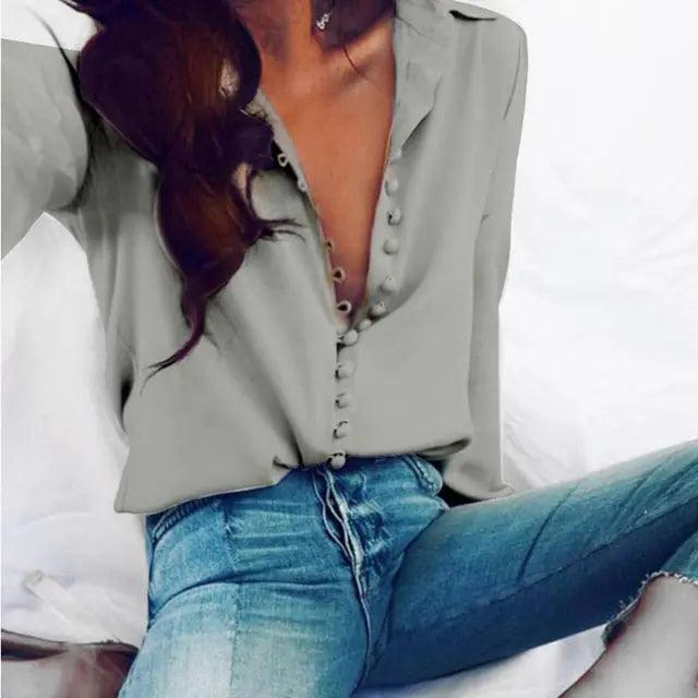 Fashion Casual Solid Color ladies office Tops Sexy Buttons Long sleeve Blouse 2020 new Spring Women Chiffon white Shirt - Shoply