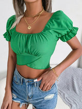 Square Neck Crisscross Flounce Sleeve Cropped Top - Shoply