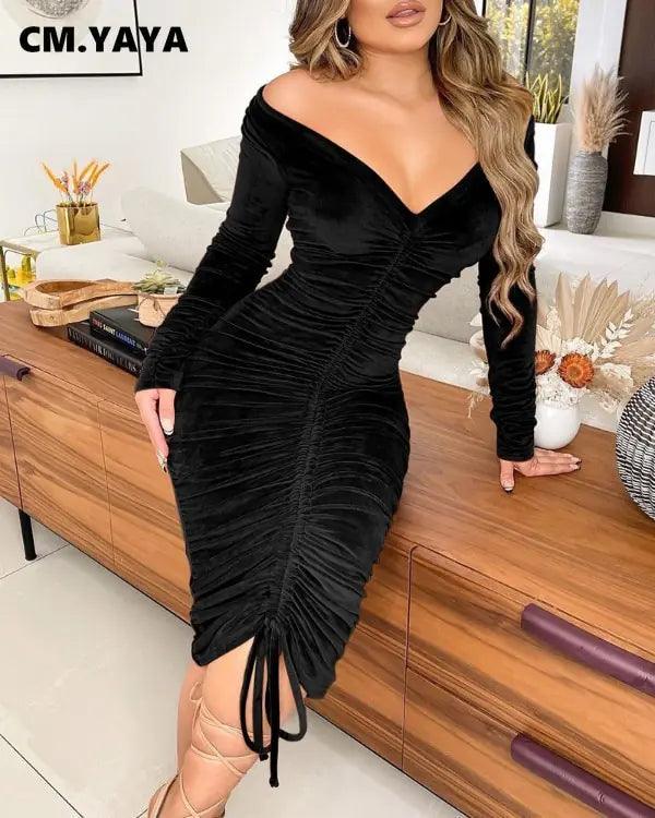 Velvet Drawstring Off Shoulder Midi Dress - Shoply