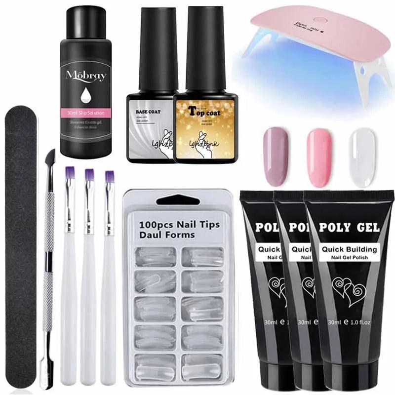 French Nail Art Poly Gel Kit with UV Brush and Nail Tips - Shoply