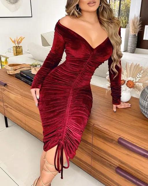 Velvet Drawstring Off Shoulder Midi Dress - Shoply