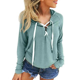 Women's Plus Size Deep V Neck Hooded Sweatshirt with Cross Lace Up Design - Shoply