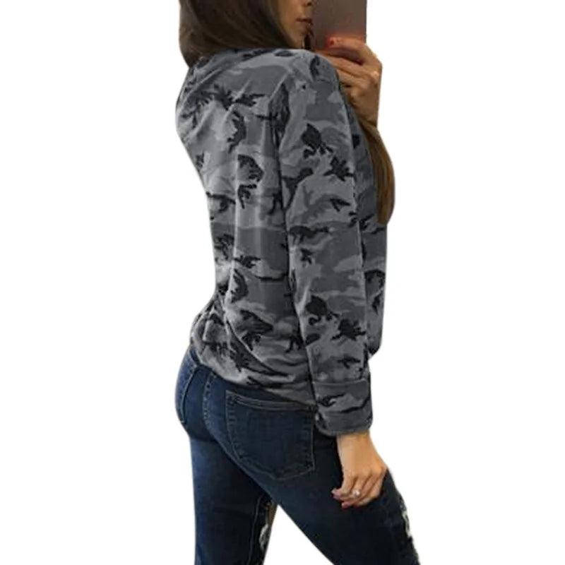 Women's Camouflage V-Neck Hooded Sweatshirt with Long Sleeves - Shoply