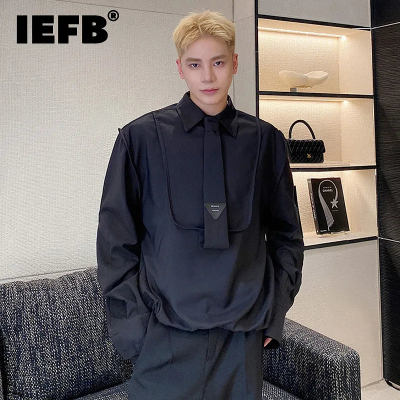 IEFB Men's Shirts Tie Niche Design Pullover Lapel Long Sleeve Tops