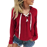 Women's Plus Size Deep V Neck Hooded Sweatshirt with Cross Lace Up Design - Shoply