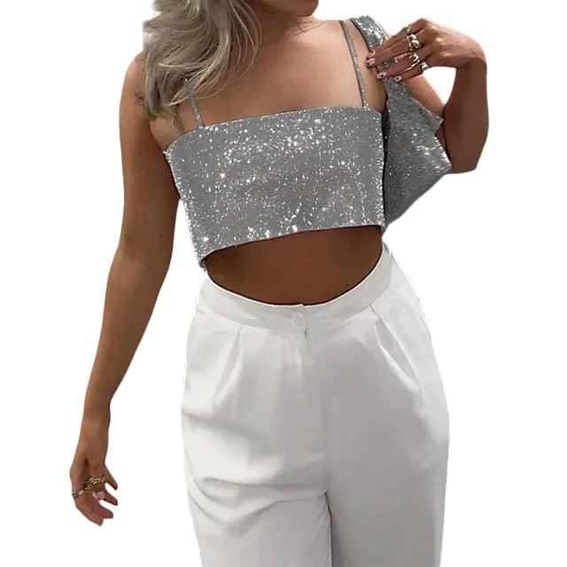 Women Sexy Gothic Crop Top Backless Bling Metallic Sequin - Shoply