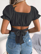 Square Neck Crisscross Flounce Sleeve Cropped Top - Shoply