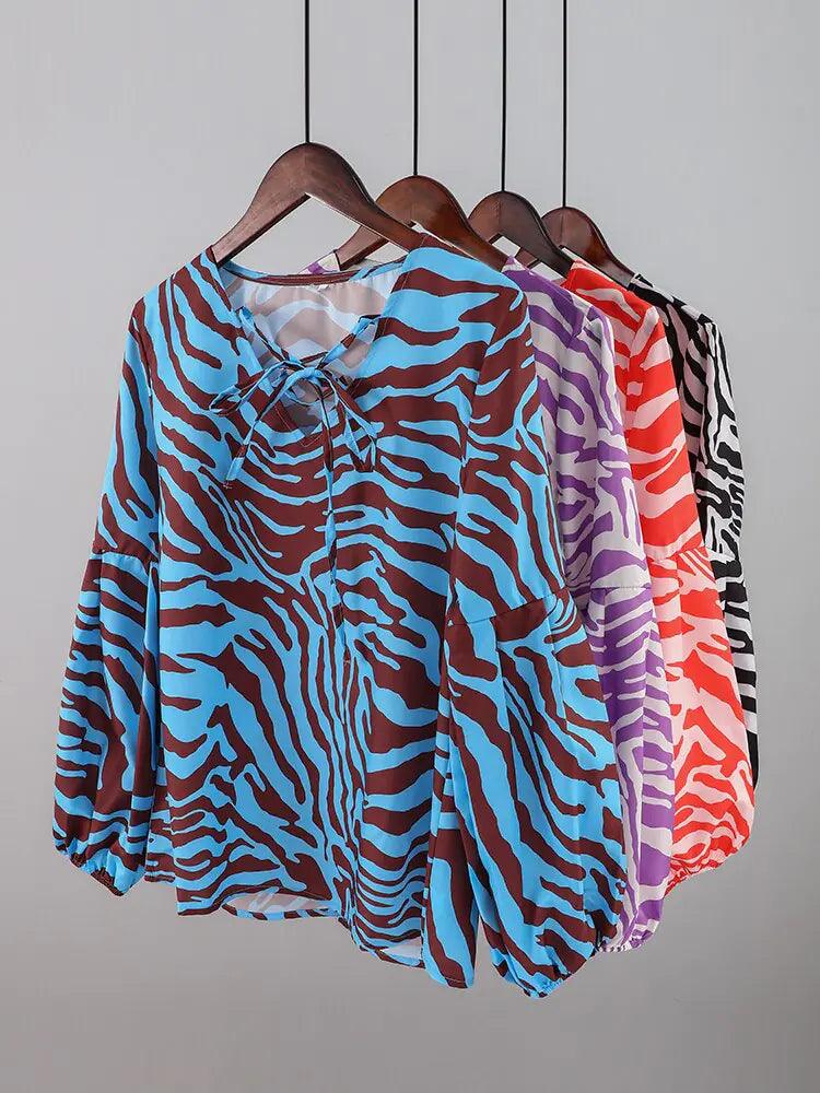 Zebra V-neck Women Blouse - Shoply