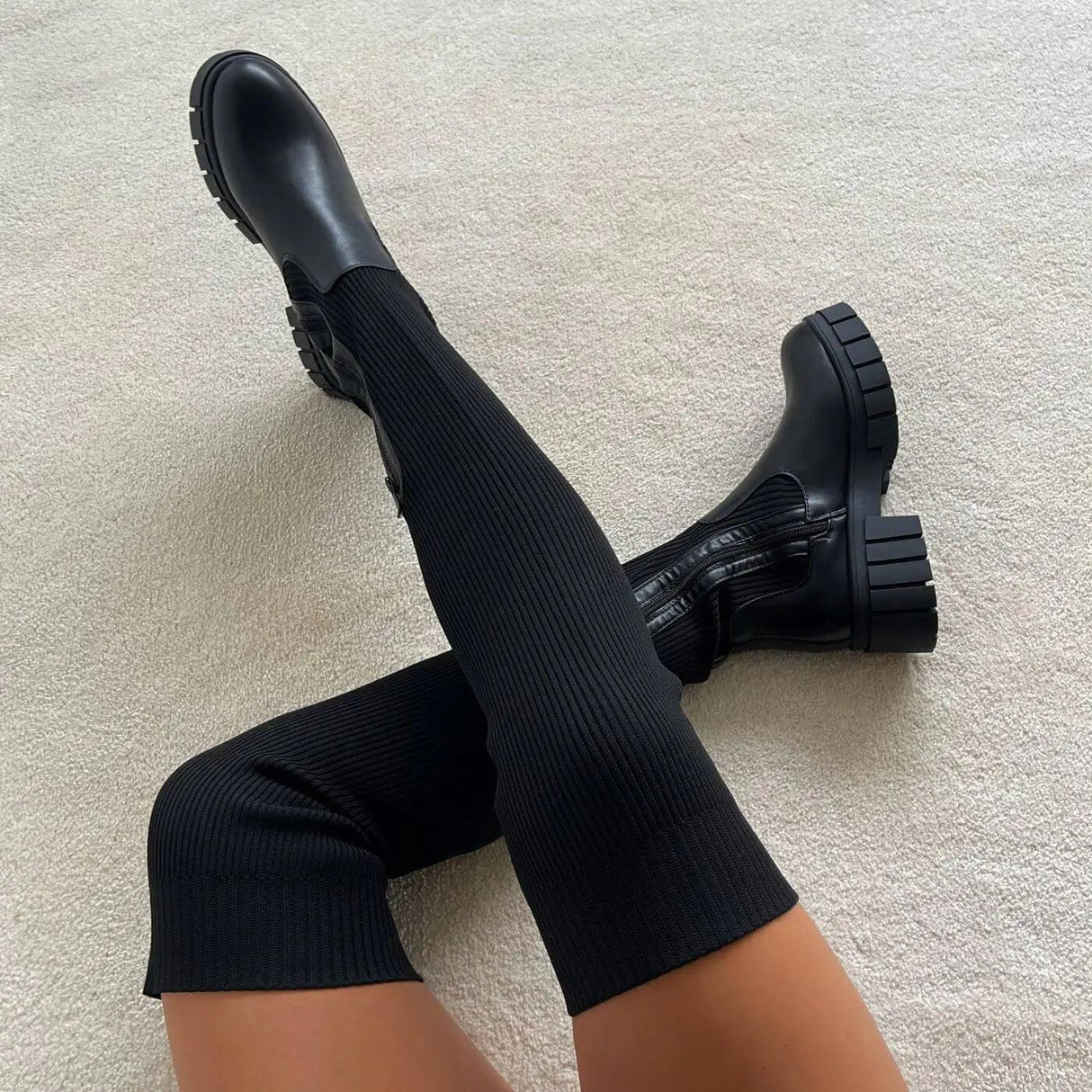 Thigh High Stretch Knit Boots - Shoply