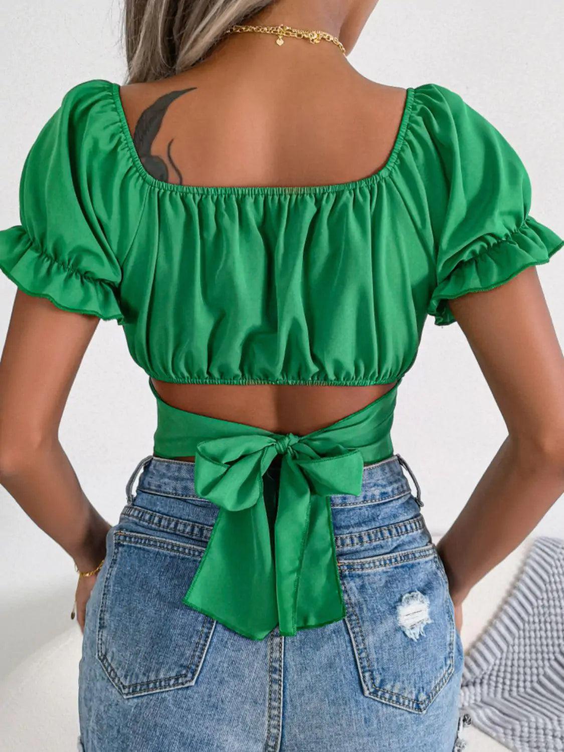 Square Neck Crisscross Flounce Sleeve Cropped Top - Shoply