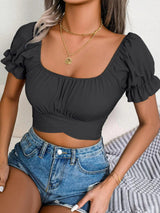 Square Neck Crisscross Flounce Sleeve Cropped Top - Shoply