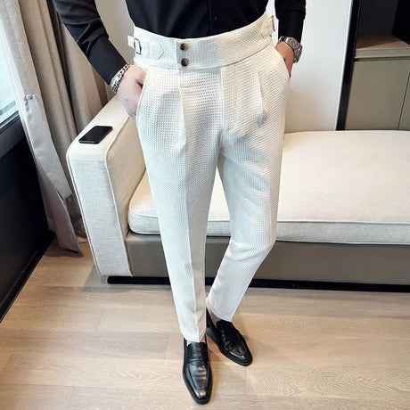 Autumn Winter Pantalones Hombre High Waist Waffle Business Casual Suit Pants for Men